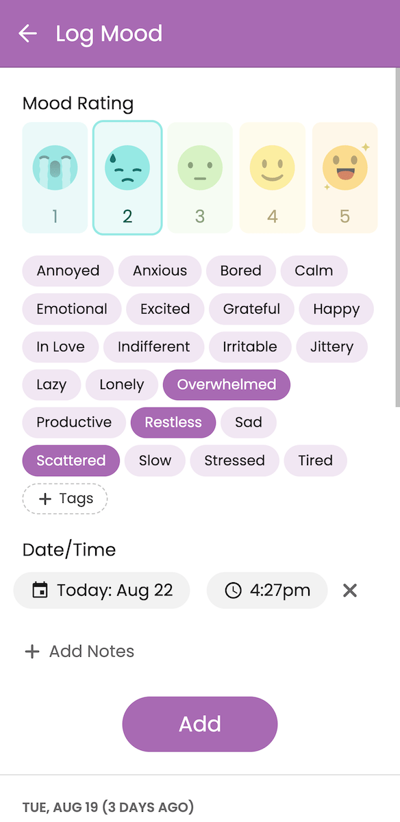 Screenshot of Guava app showing mood tracking over time.
