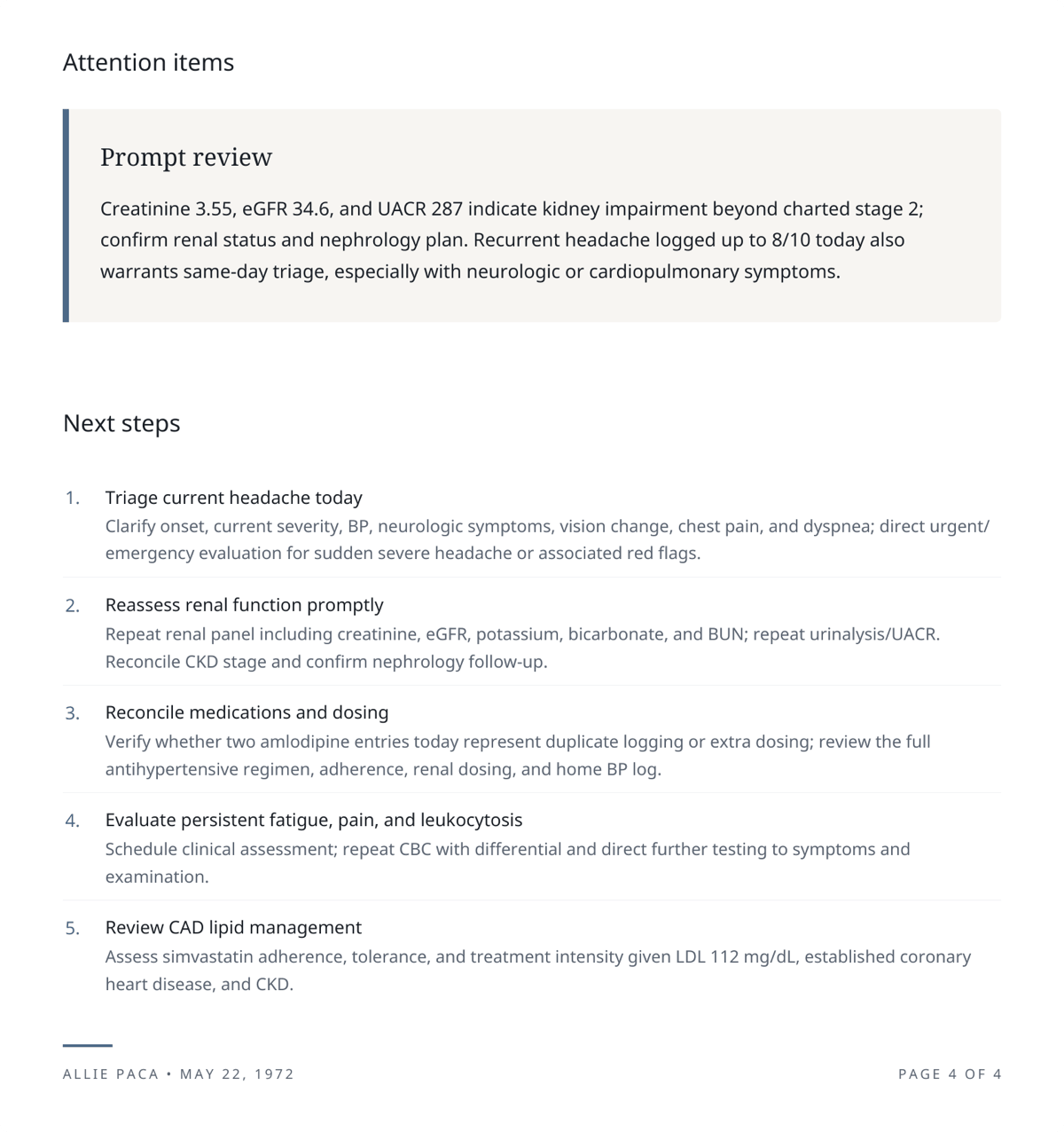 Attention items and next steps section in a Guava AI clinical summary