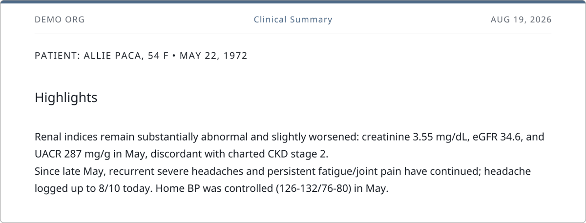 Guava's AI clinical summary example highlights section showing renal indices and recurrent headache findings