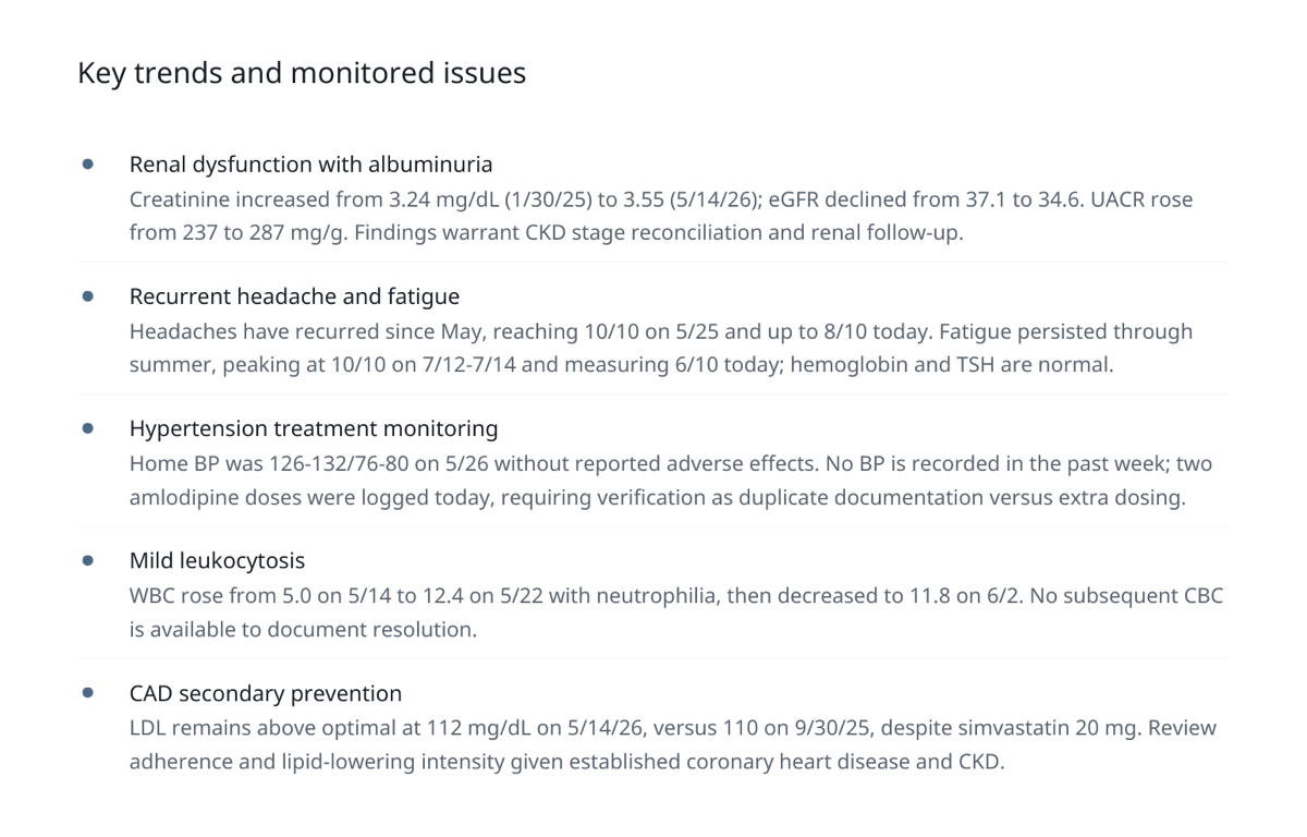 Key trends and monitored issues section of an AI clinical summary in Guava