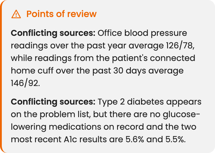 Points of review box in Guava showing conflicting sources flagged between office and home blood pressure readings and a problem list diagnosis