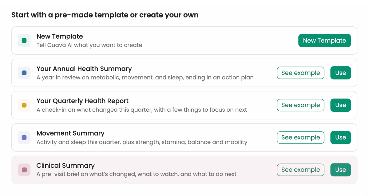 Guava summary template picker showing pre-made templates including Clinical Summary, Annual Health Summary, and Quarterly Health Report