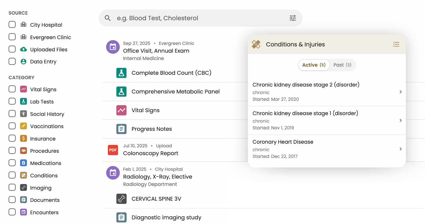 Searchable, AI-parsed medical records and conditions list in Guava Provider Dashboard