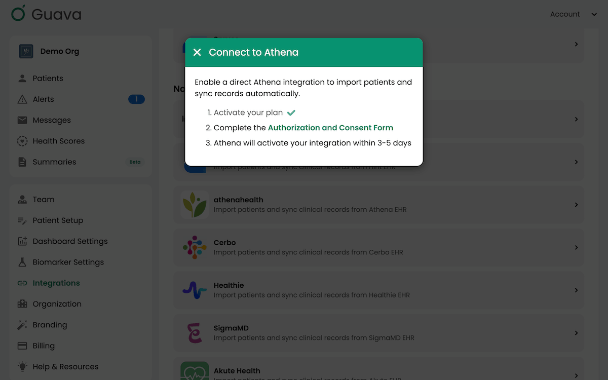 Signing in to athenahealth to complete the Authorization and Consent Form and connect the account to Guava