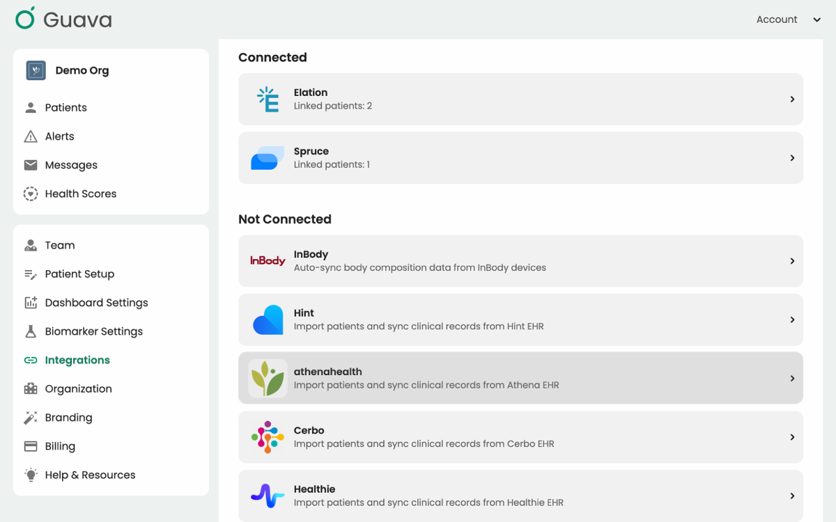 Selecting athenahealth from the Integrations tab in the Guava Provider Dashboard