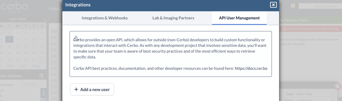 Adding a new user in the Cerbo API User Management tab