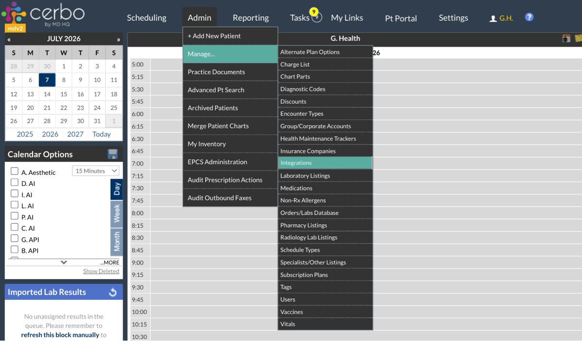 Navigating to Admin, Manage, Integrations in Cerbo to set up the Guava integration