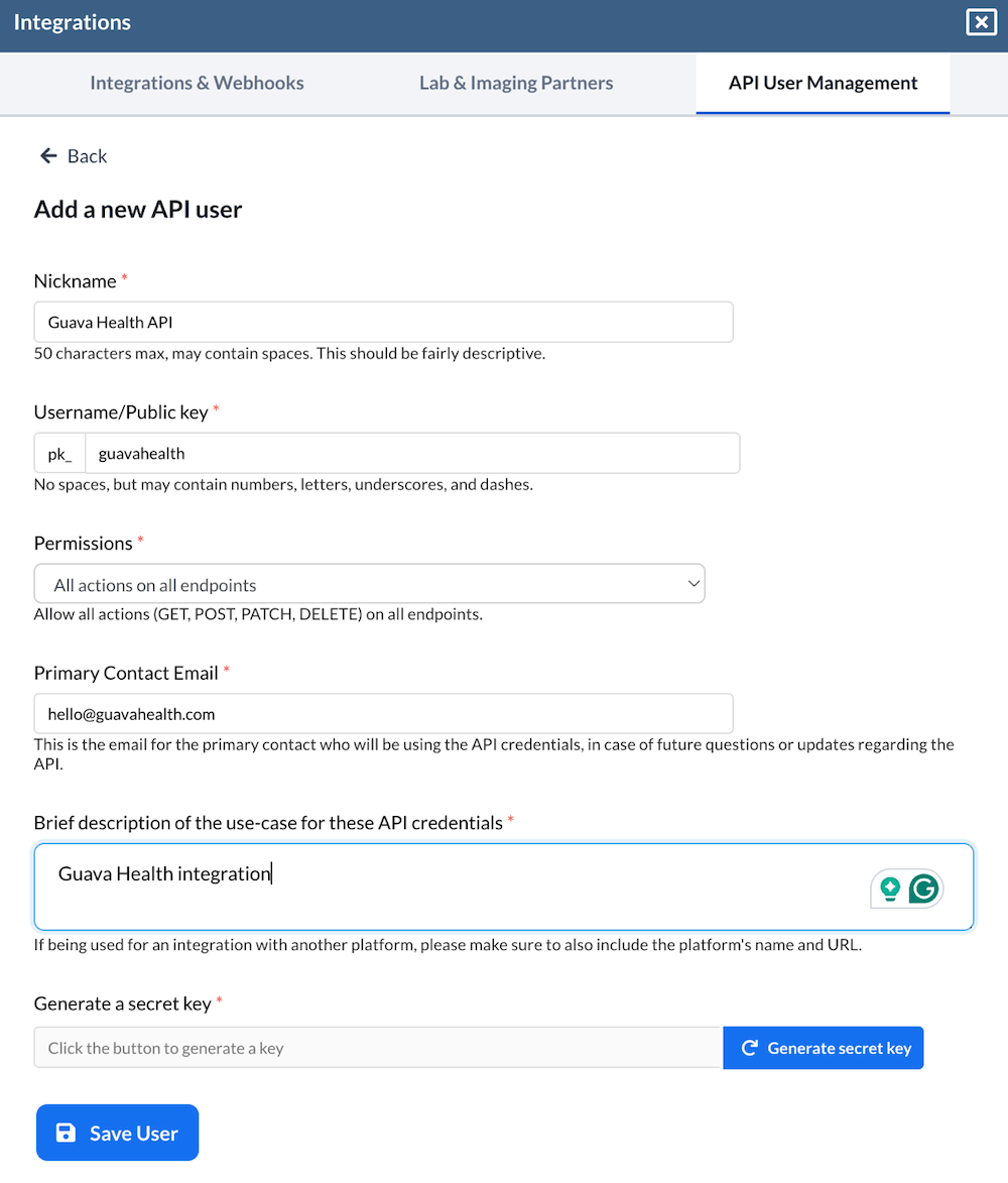 Generating and copying the secret key in the Cerbo API User Management screen