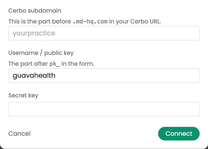 Pasting the Cerbo secret key into Guava and saving to connect the integration