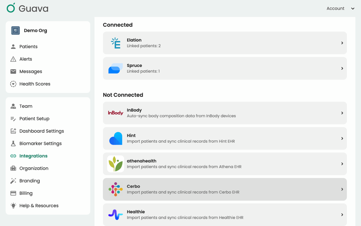 Selecting Cerbo in the Integrations tab of the Guava Provider Dashboard