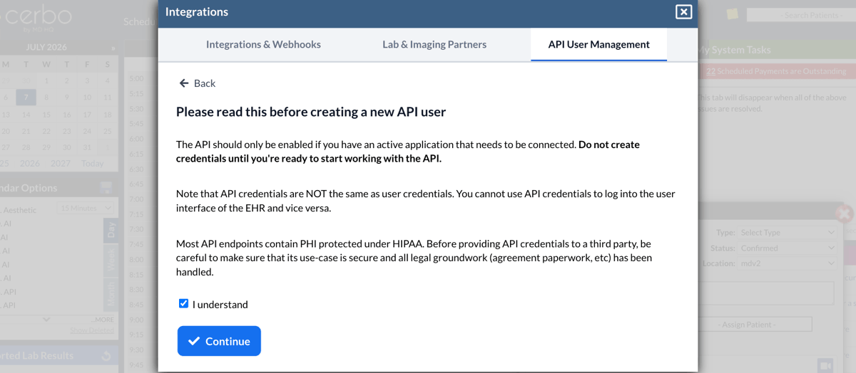 Accepting the new API user agreement when creating a Guava API user in Cerbo