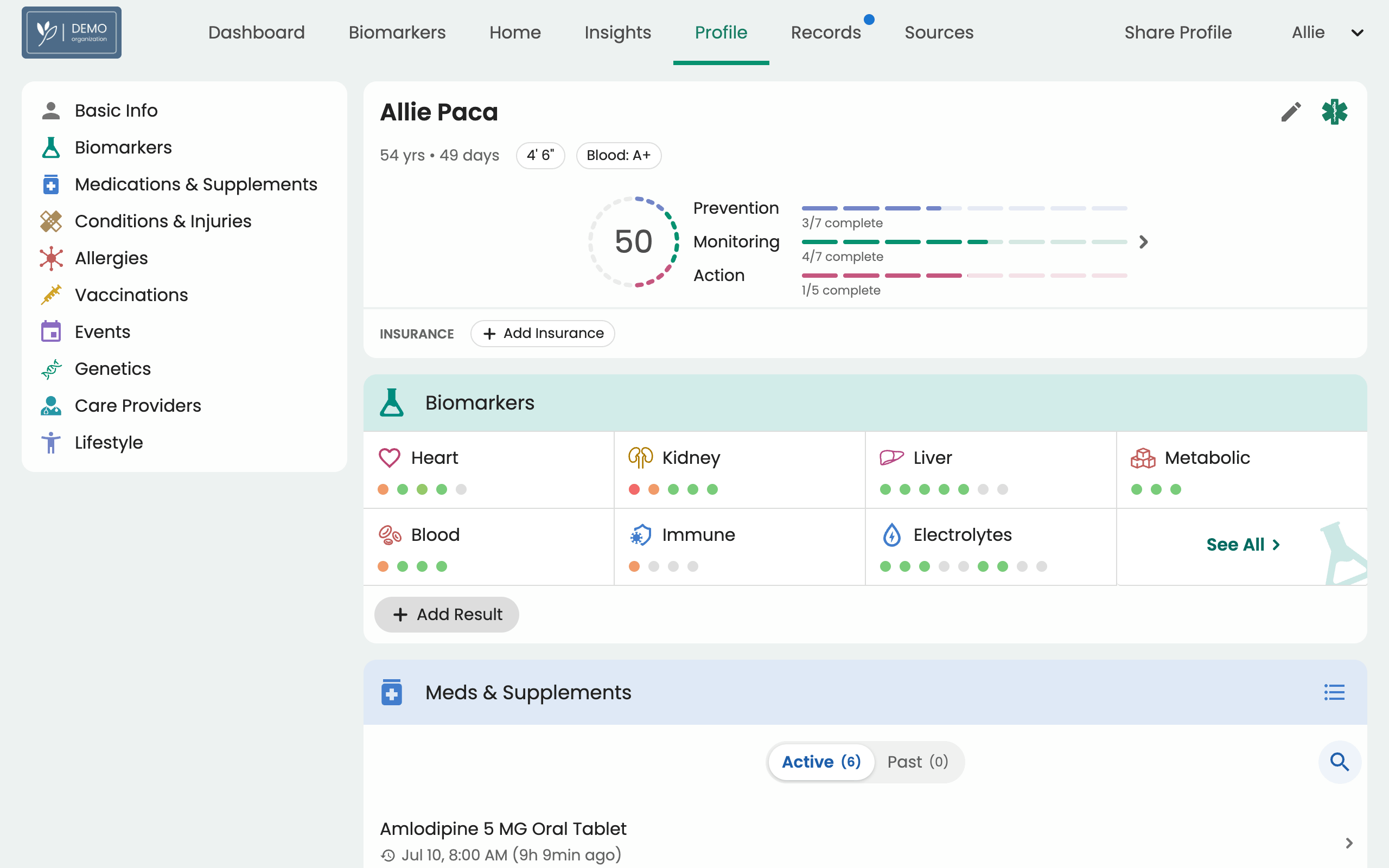 Profile tab in Guava showing structured patient health information like medications, conditions, allergies, vaccinations, and family history