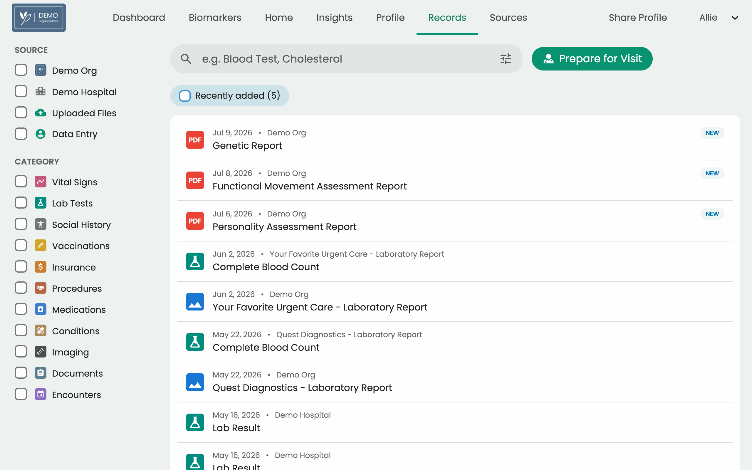 Records tab in Guava showing patient records organized by source and made searchable and filterable with AI