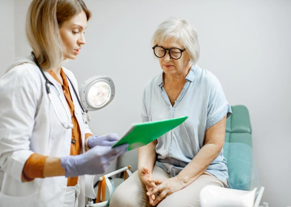 Senior woman talking with gynecologist.