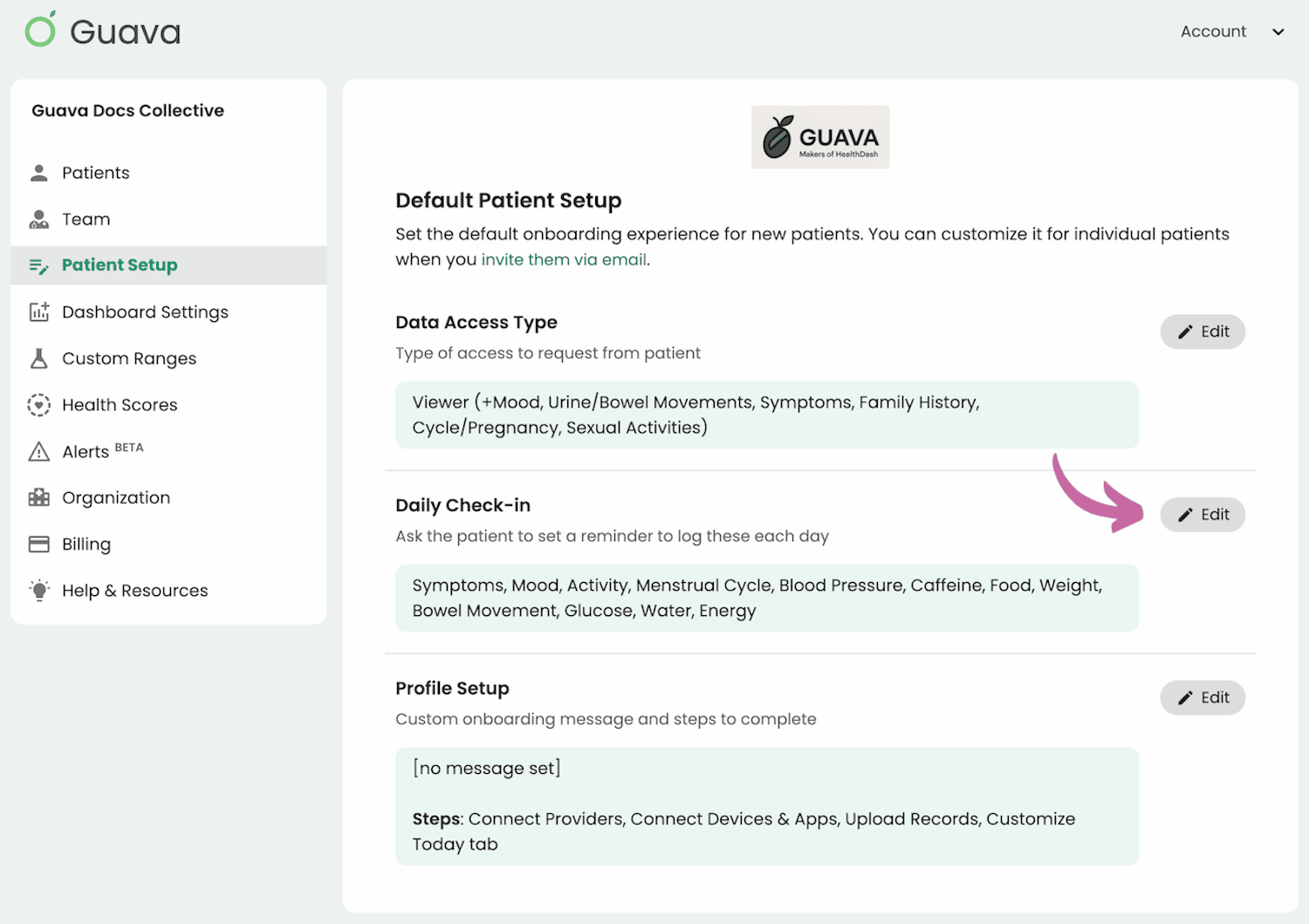 Setting a default patient setup for remote patient monitoring in Guava's Provider Dashboard
