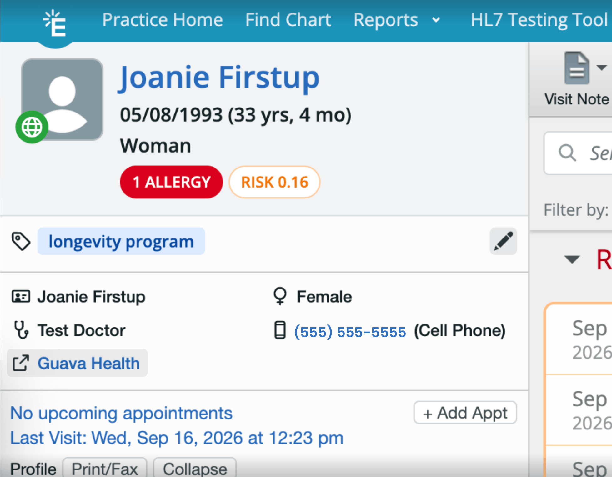 Guava Health link in a patient's chart in Elation for opening their Guava profile