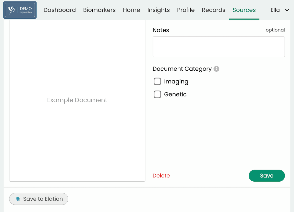 Saving a document from a patient's Sources tab in Guava to their Elation chart