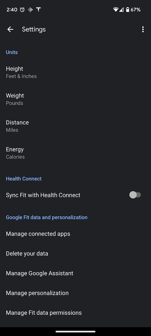 Google Fit Settings Page