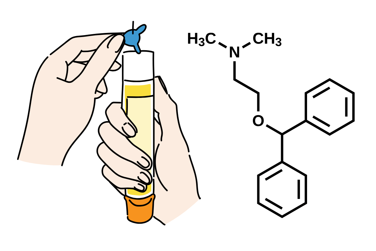 Image of an EpiPen and the molecule diphenhydramine used in Benadryl