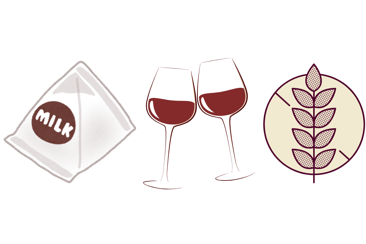 Image of common food sensitivities: milk, wine, and wheat
