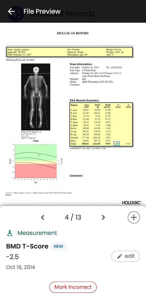 DEXA body composition and bone mineral density data displayed in Guava for longitudinal patient monitoring