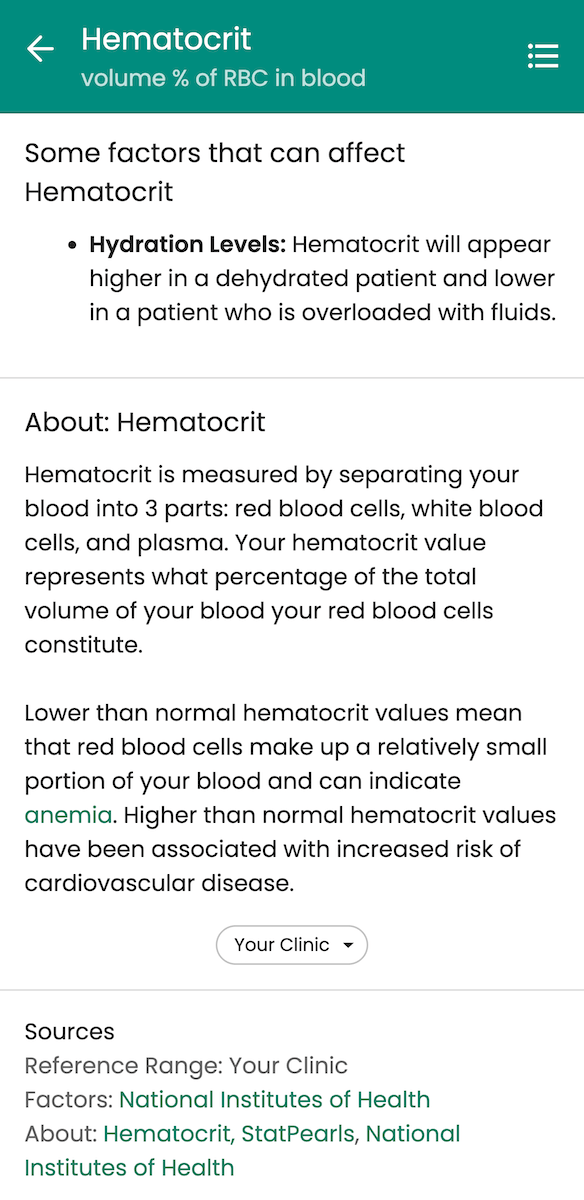 Patient-facing hematocrit biomarker description in Guava with provider-customized education and interpretation