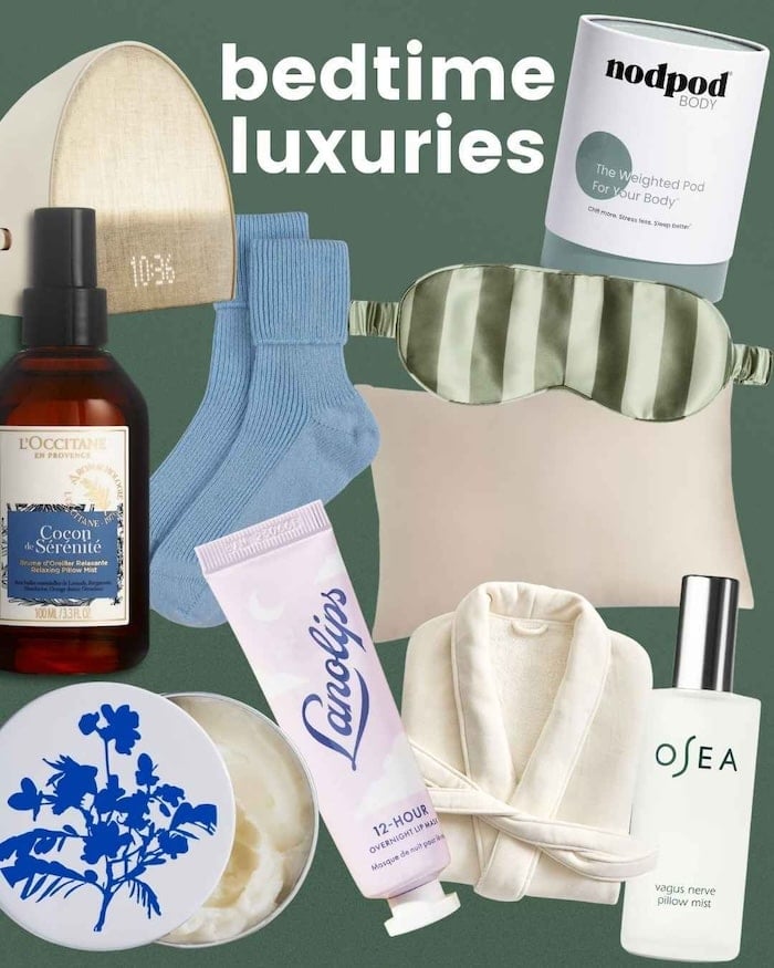Bedtime luxury gifts including weighted blankets, aromatherapy, and cozy nighttime essentials.