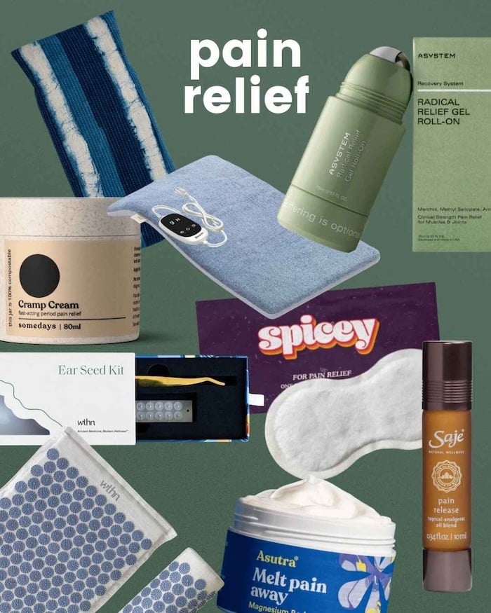 Pain relief gift ideas such as heating pads, acupressure tools, and soothing topical products.