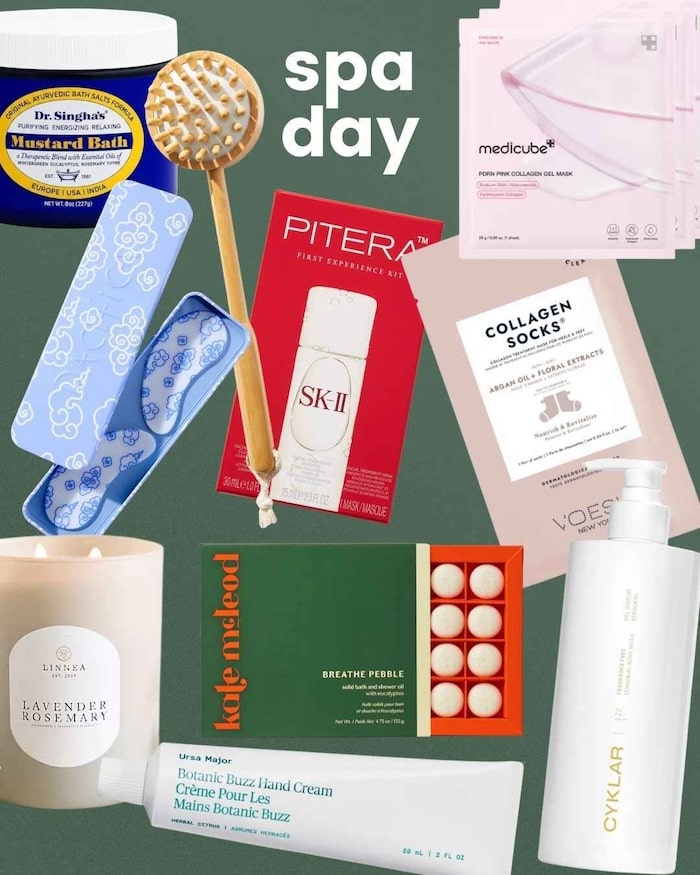 A curated selection of spa-day gifts including skincare, bath products, and relaxation items.