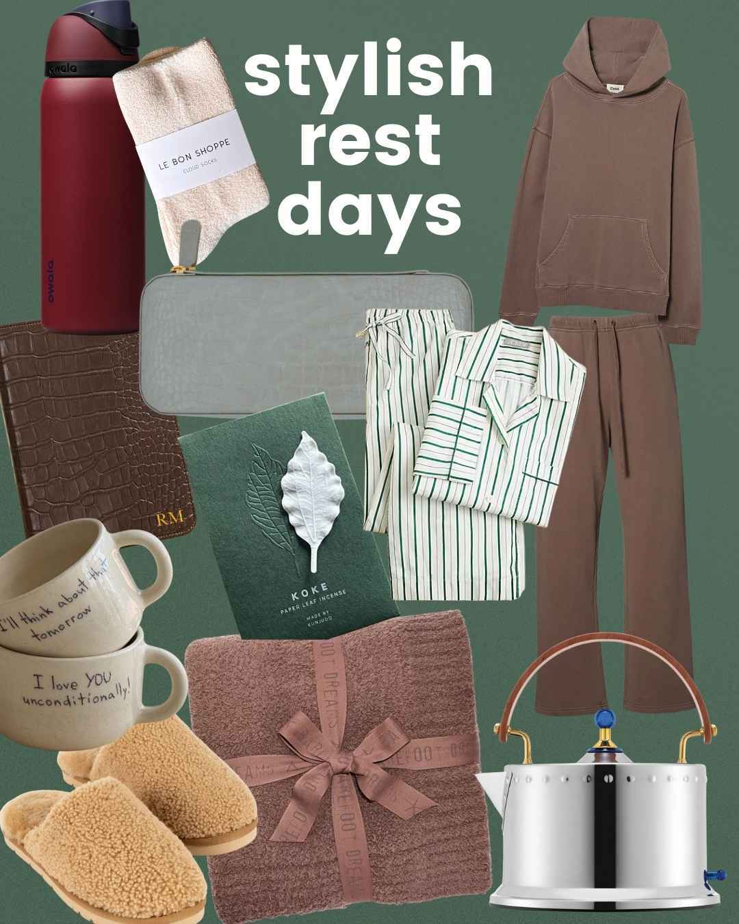 Stylish rest-day gifts like loungewear, slippers, cozy socks, and comfort accessories.