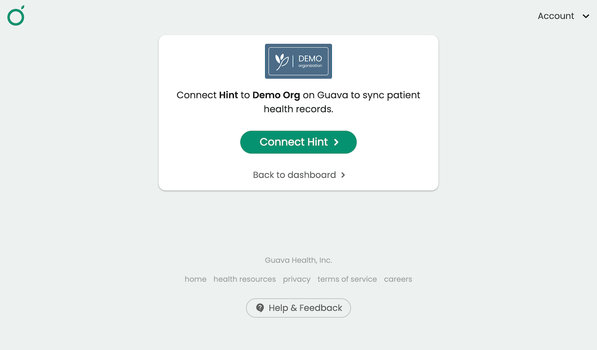 Selecting Connect Hint in Guava to finish setting up the Hint integration