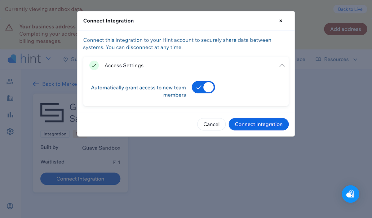 Confirming the Guava integration in Hint connection settings