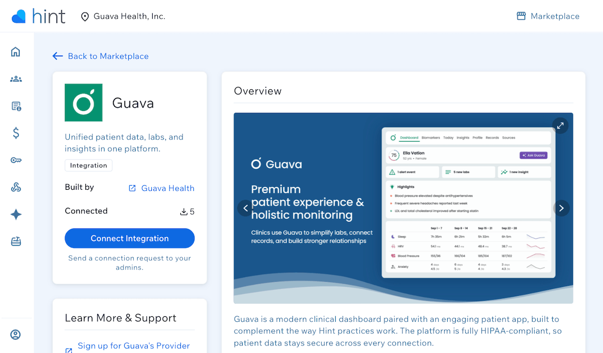Selecting Connect Integration to link Hint to Guava