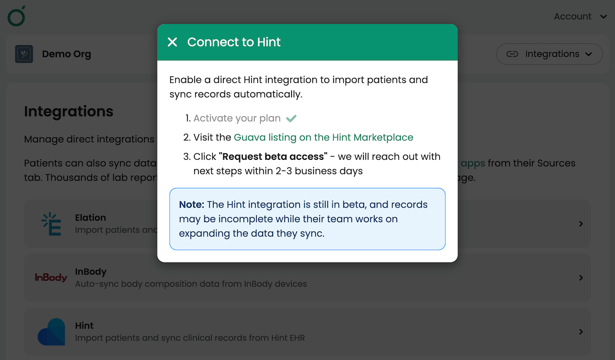 Requesting access to the Guava listing on the Hint Marketplace