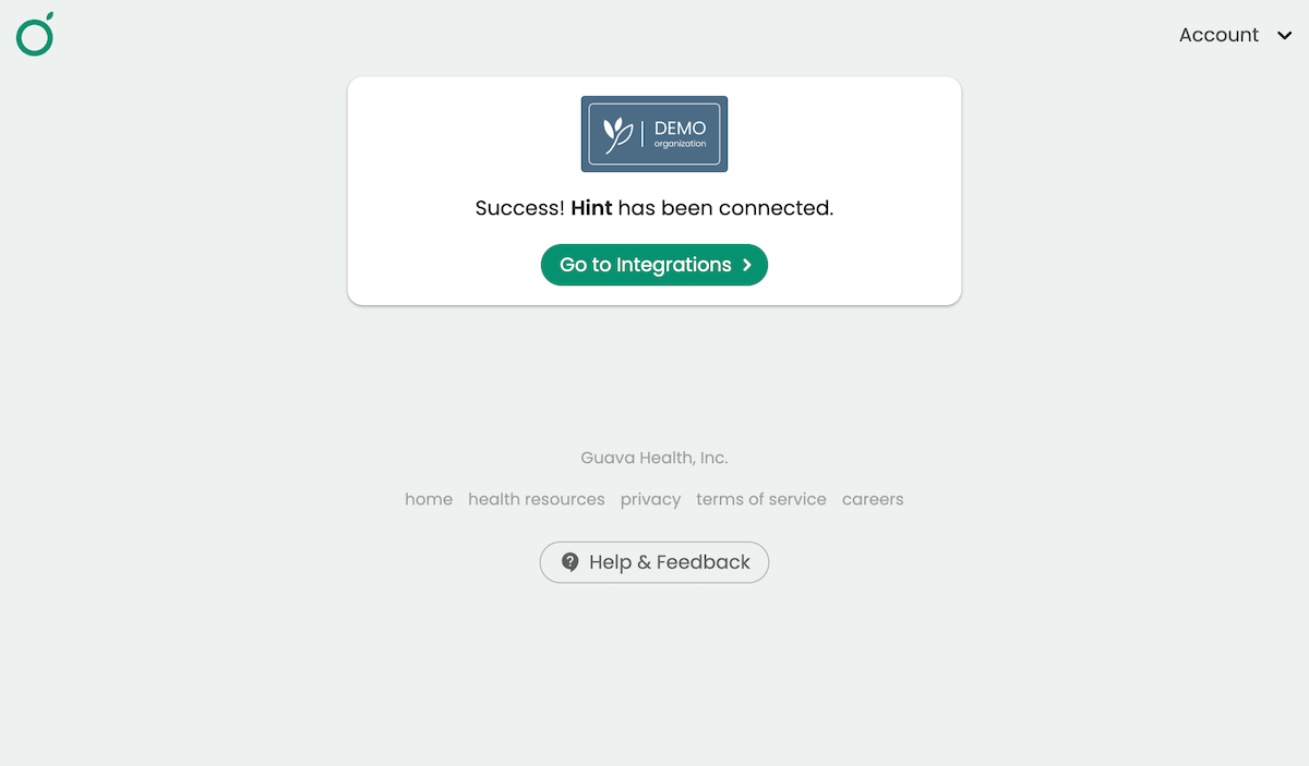 Confirmation screen showing a successful Guava-Hint integration in Guava