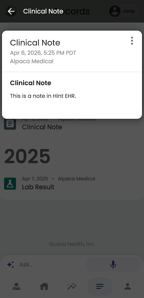 Accessing clinical notes from Hint in Guava
