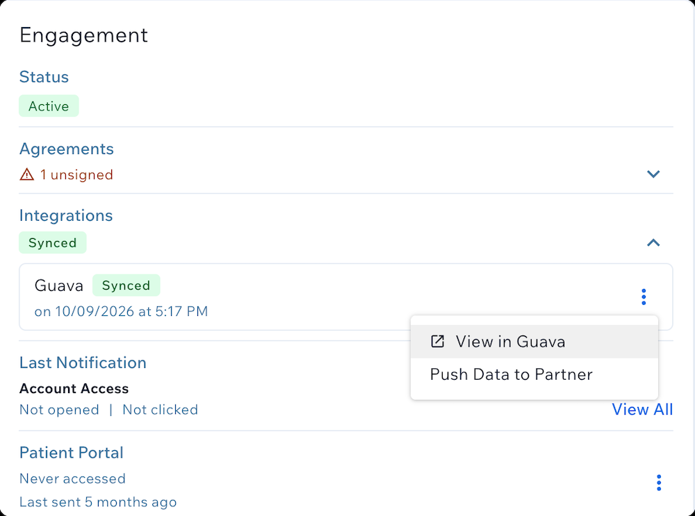 Selecting View in Guava from the Integrations section of a patient's profile in Hint