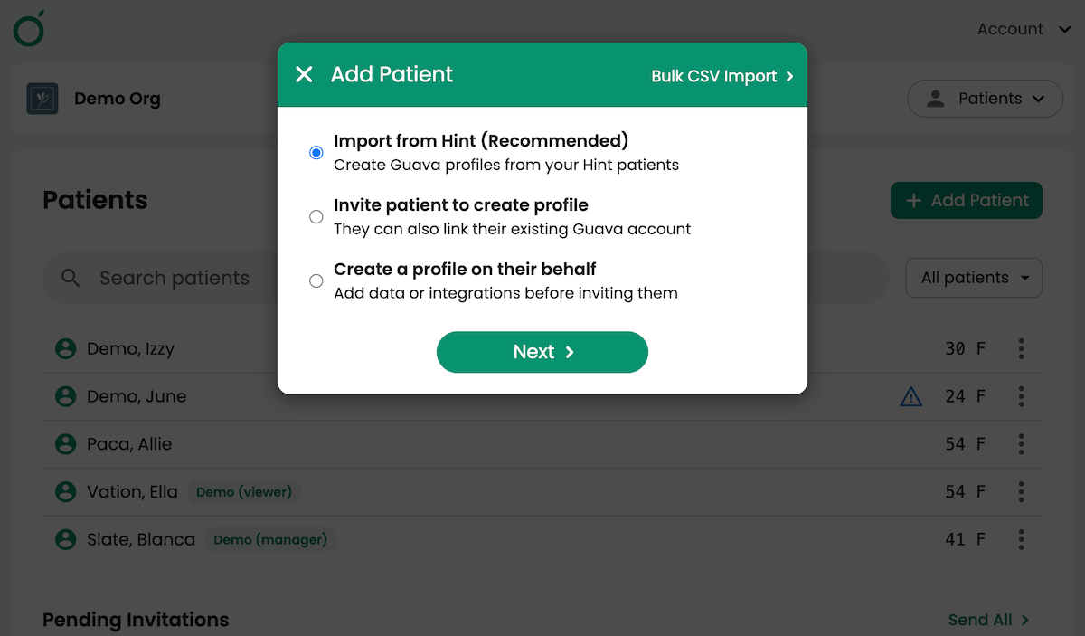 Importing patients into Guava from Hint from the Patients tab in the provider dashboard