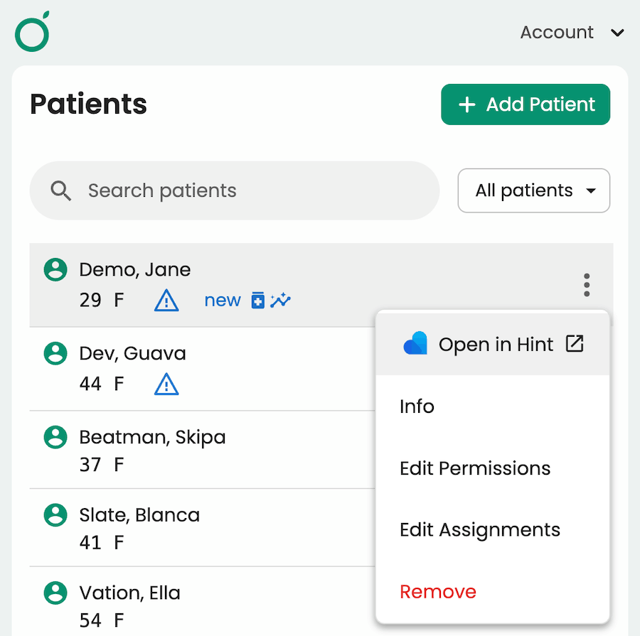 Opening a patient's Hint chart from the Patients tab in the Guava Provider Dashboard