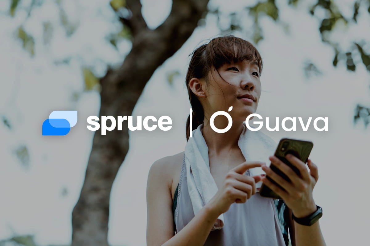 Spruce and Guava logos over a photo of a patient checking her phone outdoors, representing the Guava–Spruce integration for DPC and concierge practices