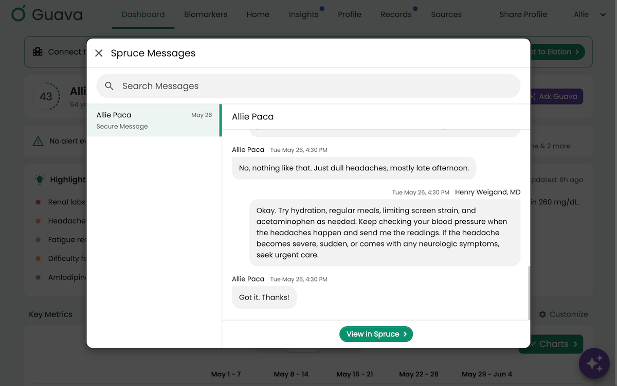 Spruce Messages modal open inside a patient's Guava profile, showing a searchable conversation thread between patient and provider with a View in Spruce button