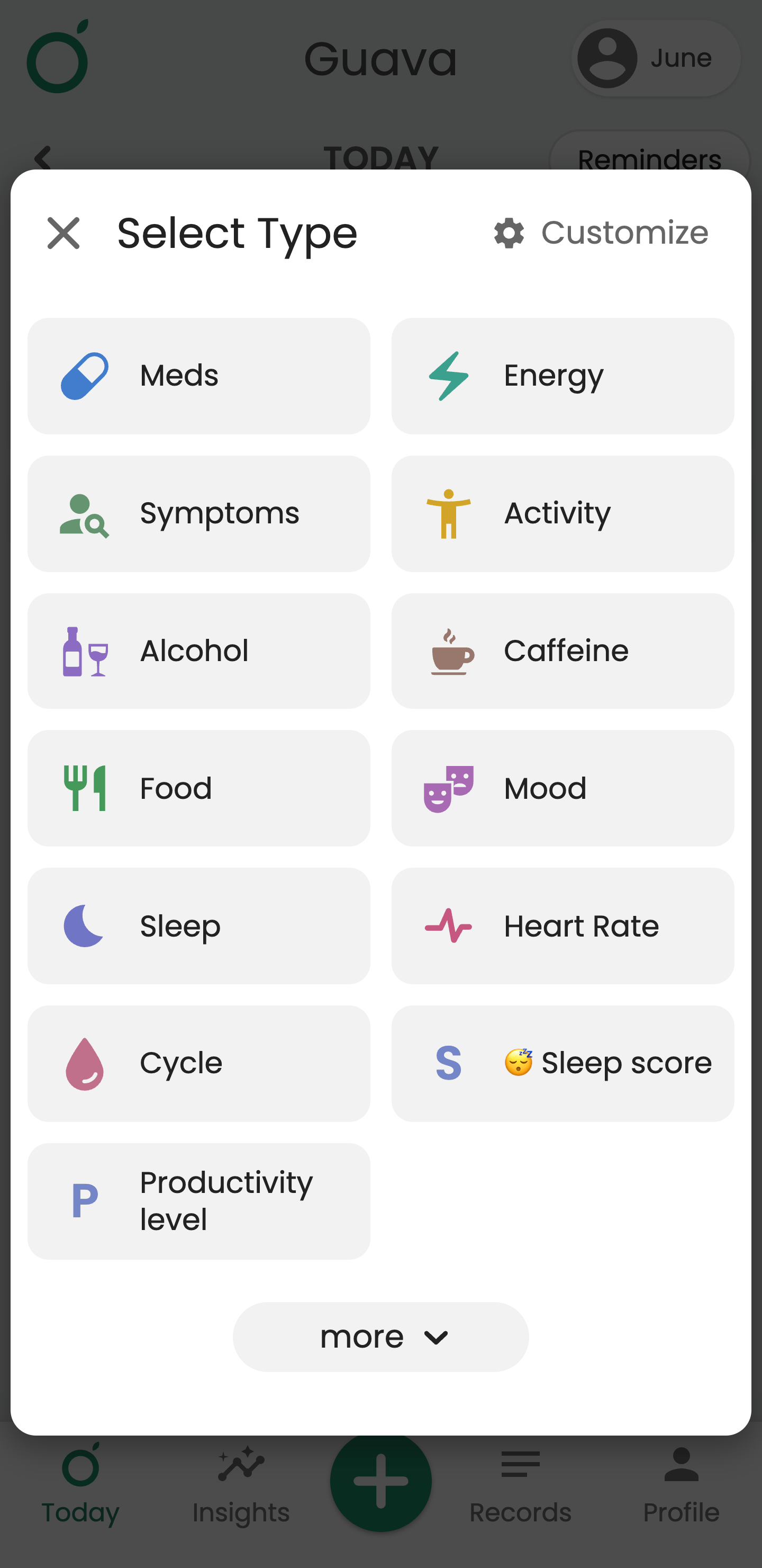 screenshot of caffeine logging feature