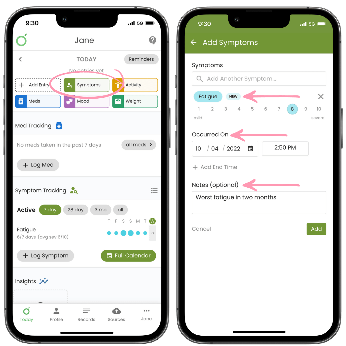 screenshot of symptom tracking feature