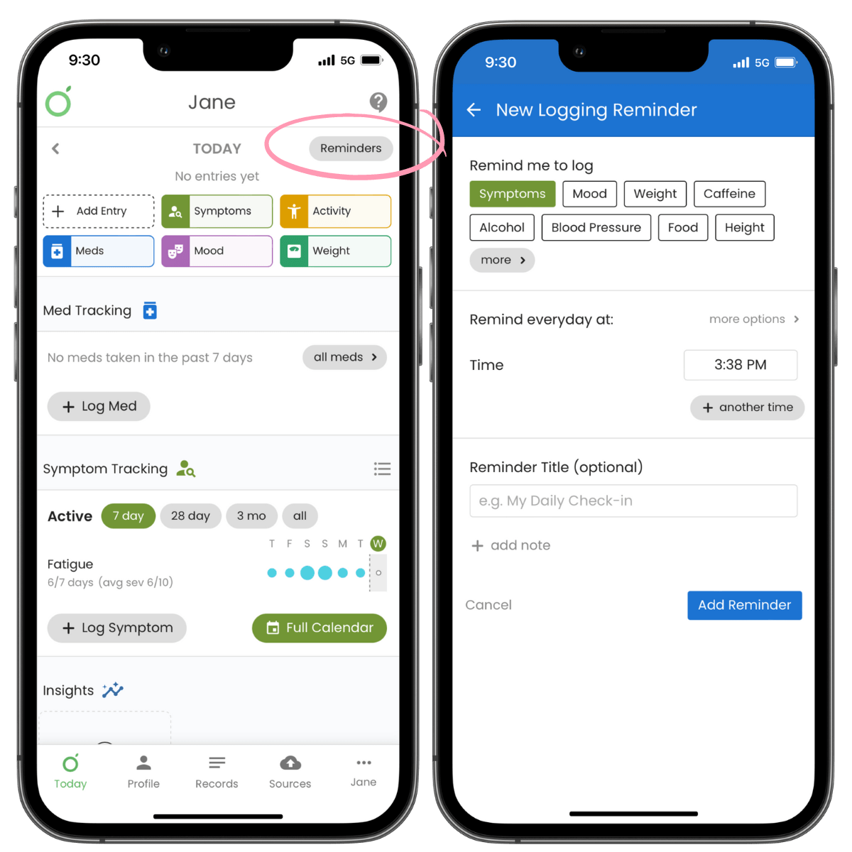 screenshot of reminders feature