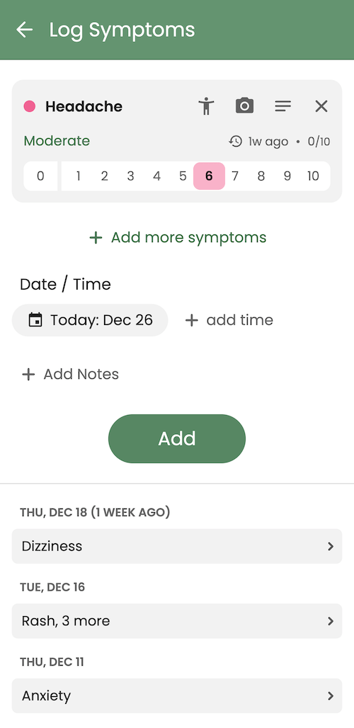 Selecting Symptoms to Log in Guava