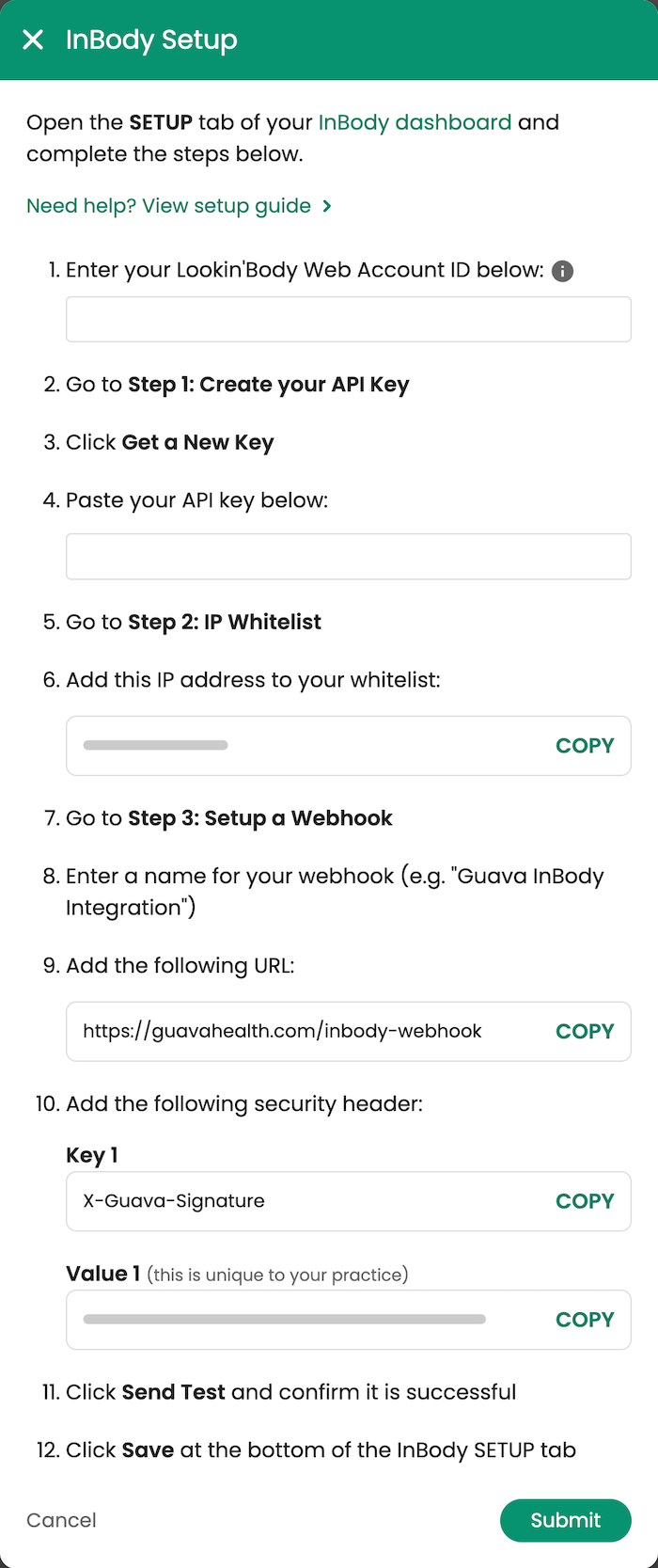 Guava InBody integration setup screen for entering API and webhook details