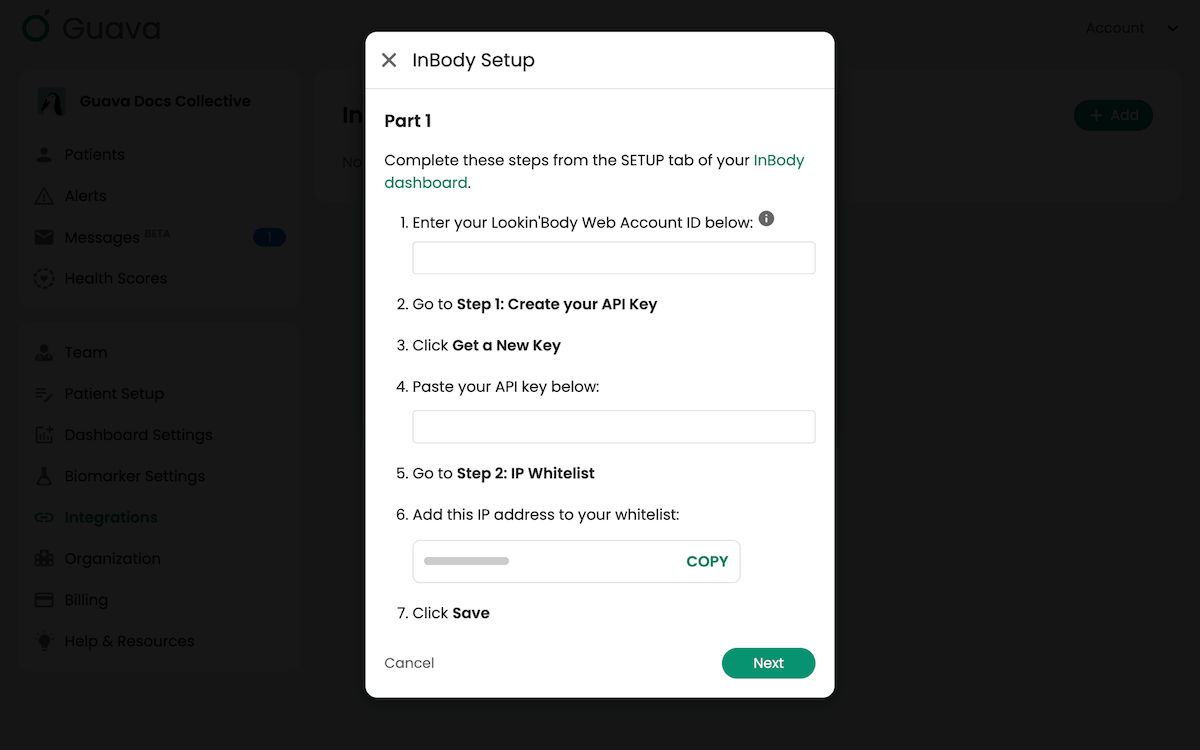 Guava InBody integration setup screen for entering API and webhook details