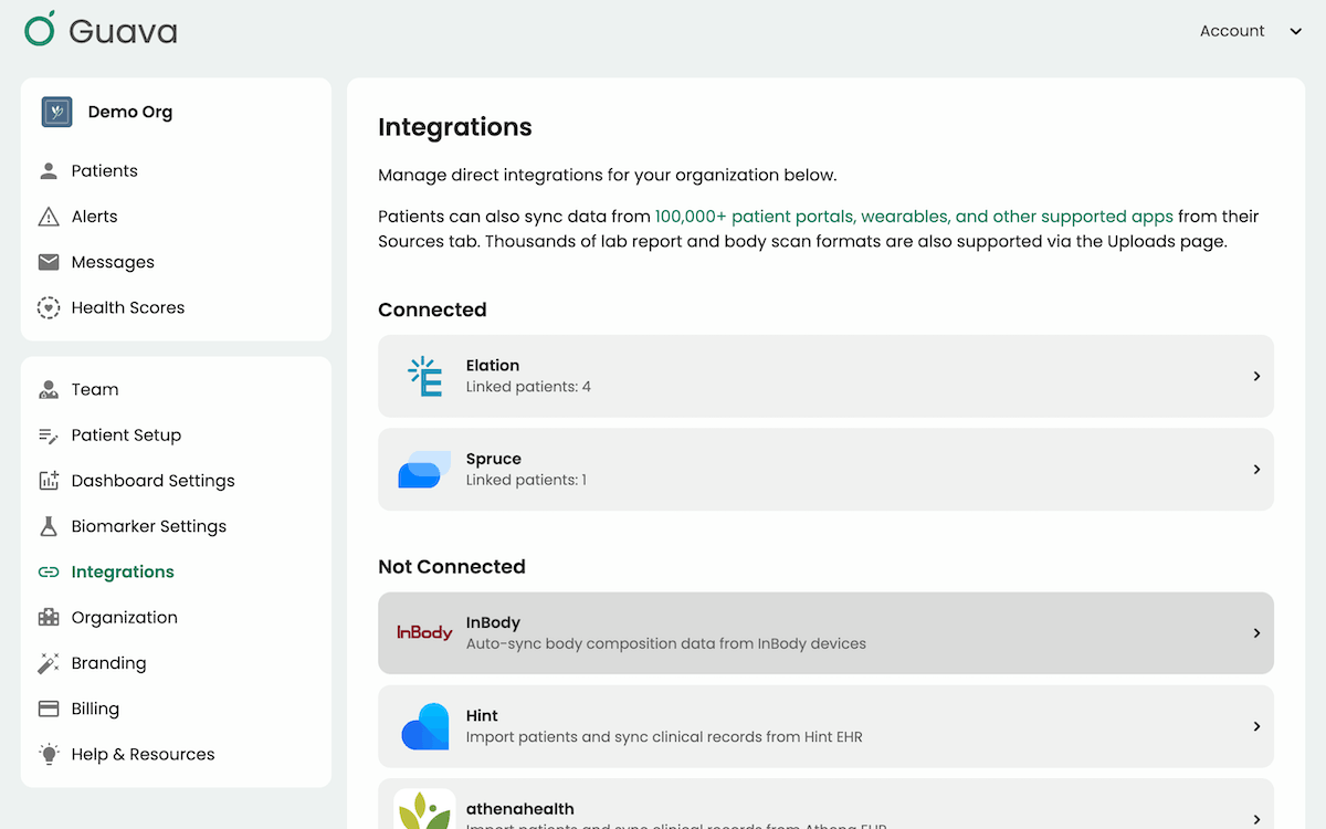 Integrations tab in the Guava Provider Dashboard where providers add the InBody integration
