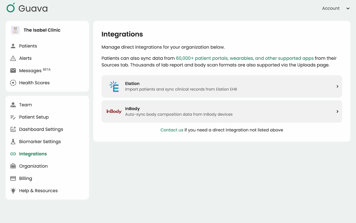 Integrations tab in the Guava Provider Dashboard where providers add the InBody integration
