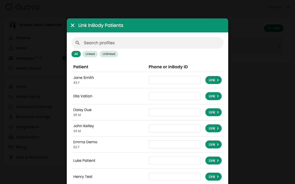 Linking InBody patient accounts in Guava to sync body composition results